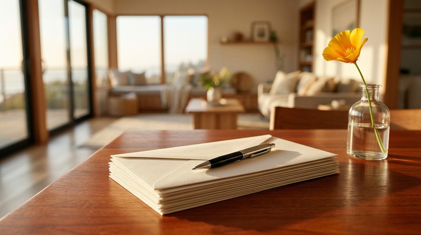 Sealed envelopes, a pen, and a California poppy in a glass vase on a wooden table inside a bright modern home, symbolizing correspondence and homeownership.