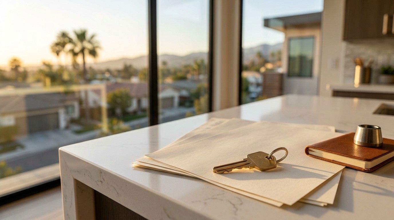 House key resting on home purchase documents beside a notebook on a kitchen island with a neighborhood view, representing California homebuyer assistance and homeownership planning.