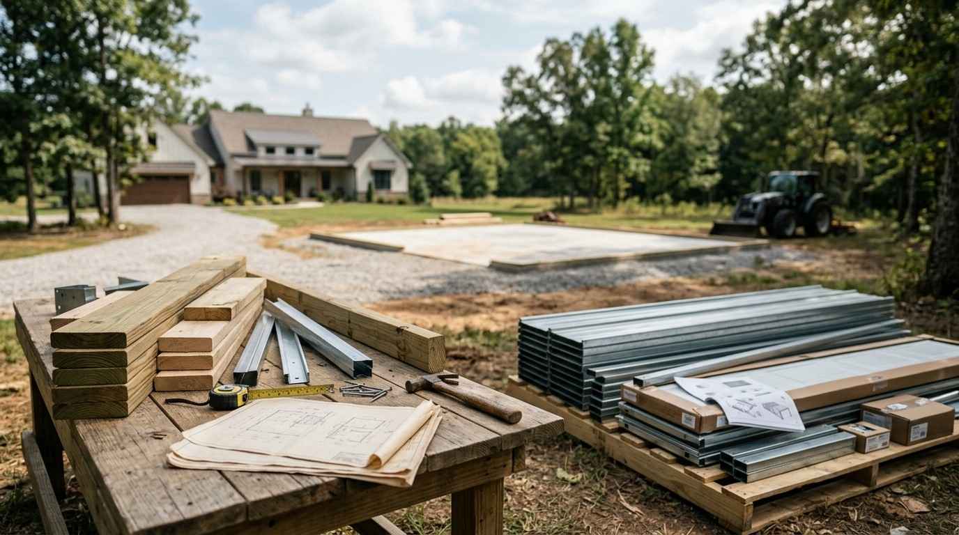 Garage construction site with lumber, steel framing, blueprints, tools, and a newly poured concrete slab beside a completed home, illustrating garage building preparation.