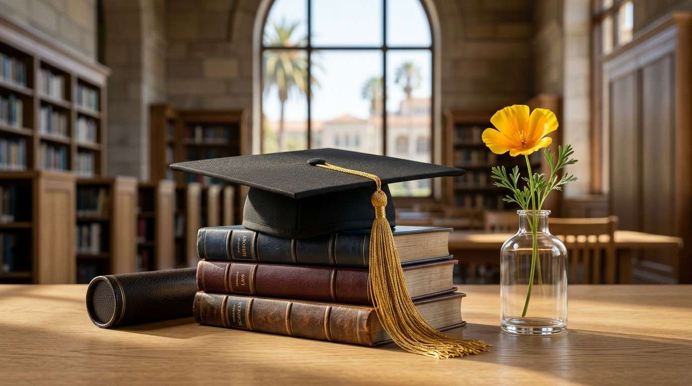 Graduation cap resting on stacked books beside a California poppy in a library, symbolizing academic achievement, higher education, and graduation success.