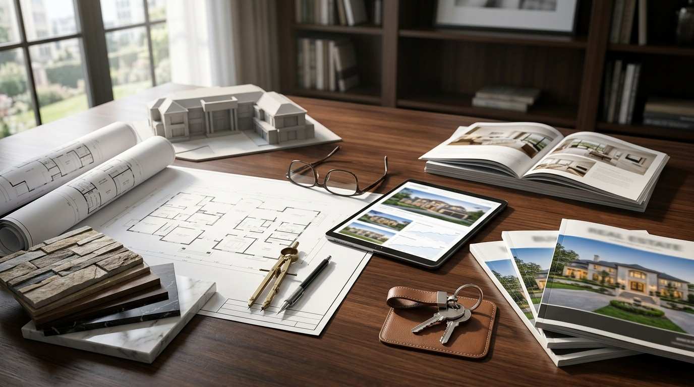 Architectural plans, mansion model, material samples, property brochures, tablet, and house keys on a desk, comparing building a custom mansion versus buying an existing luxury home.