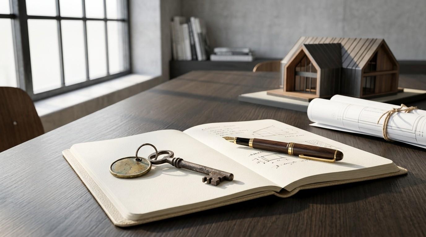 Vintage key and fountain pen resting on an open design notebook with a house model and rolled blueprints in the background.