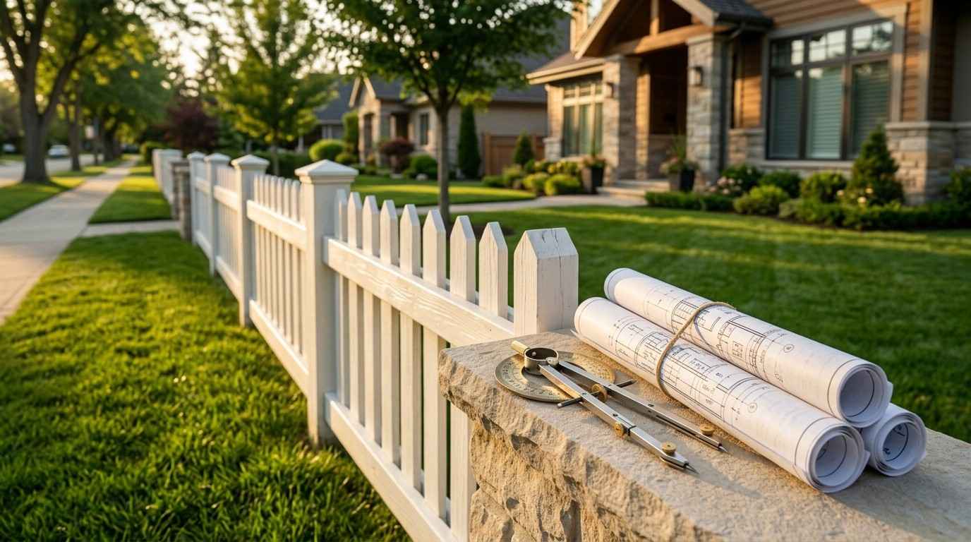 Blueprints and drafting tools placed on a stone fence post beside a white picket fence, representing residential fence planning, property design, and home improvement.