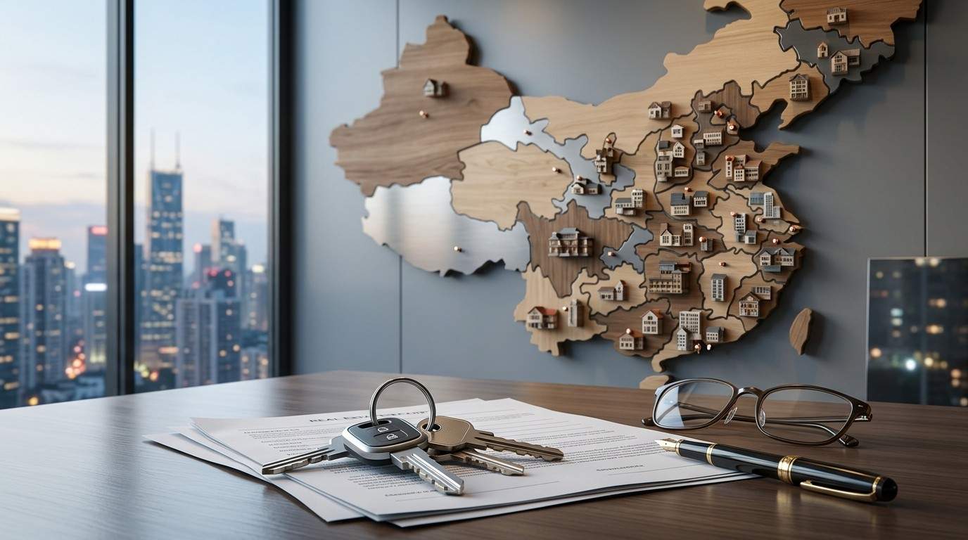 Real estate documents, house keys, eyeglasses, and a pen on a desk with a map of China displaying property locations, symbolizing China's housing market and real estate investment.