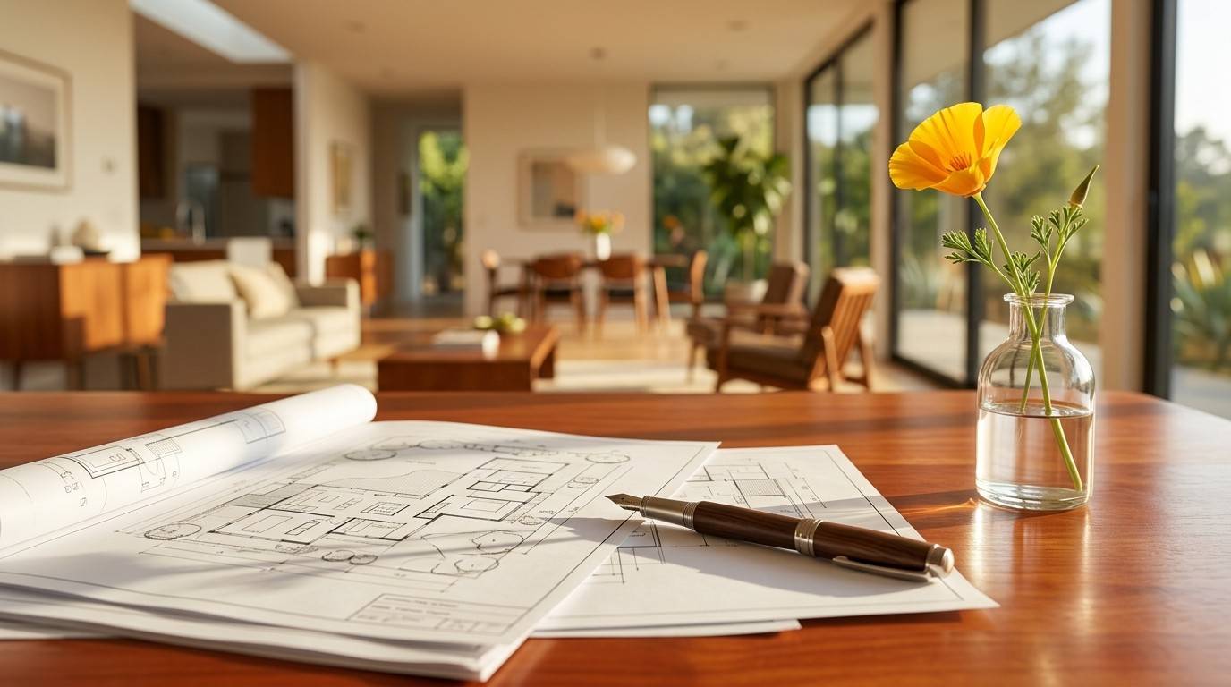 ADU floor plans, a fountain pen, and a California poppy on a table inside a modern home, representing accessory dwelling unit planning, financing, and project preparation.