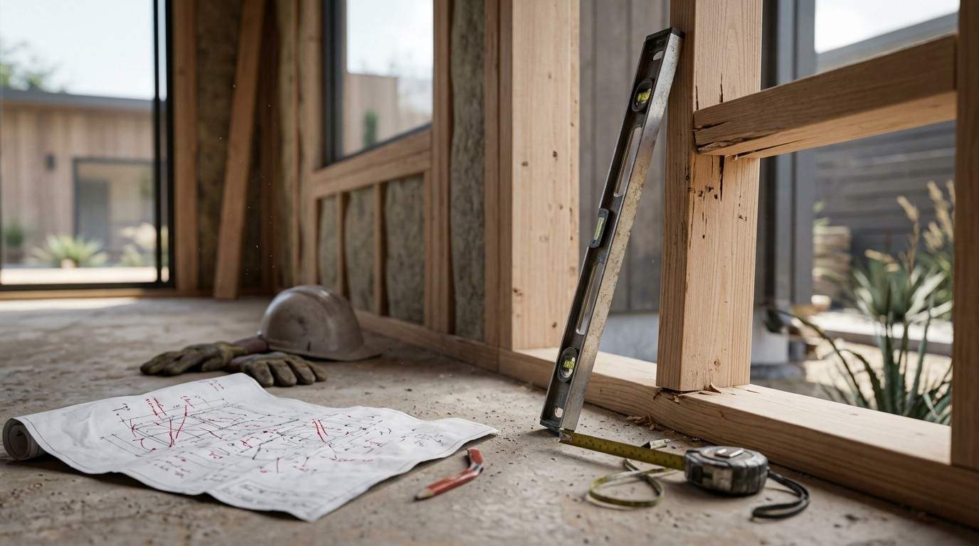 ADU construction site with exposed wall framing, blueprints, measuring tools, hard hat, and level, illustrating common building mistakes during accessory dwelling unit construction.