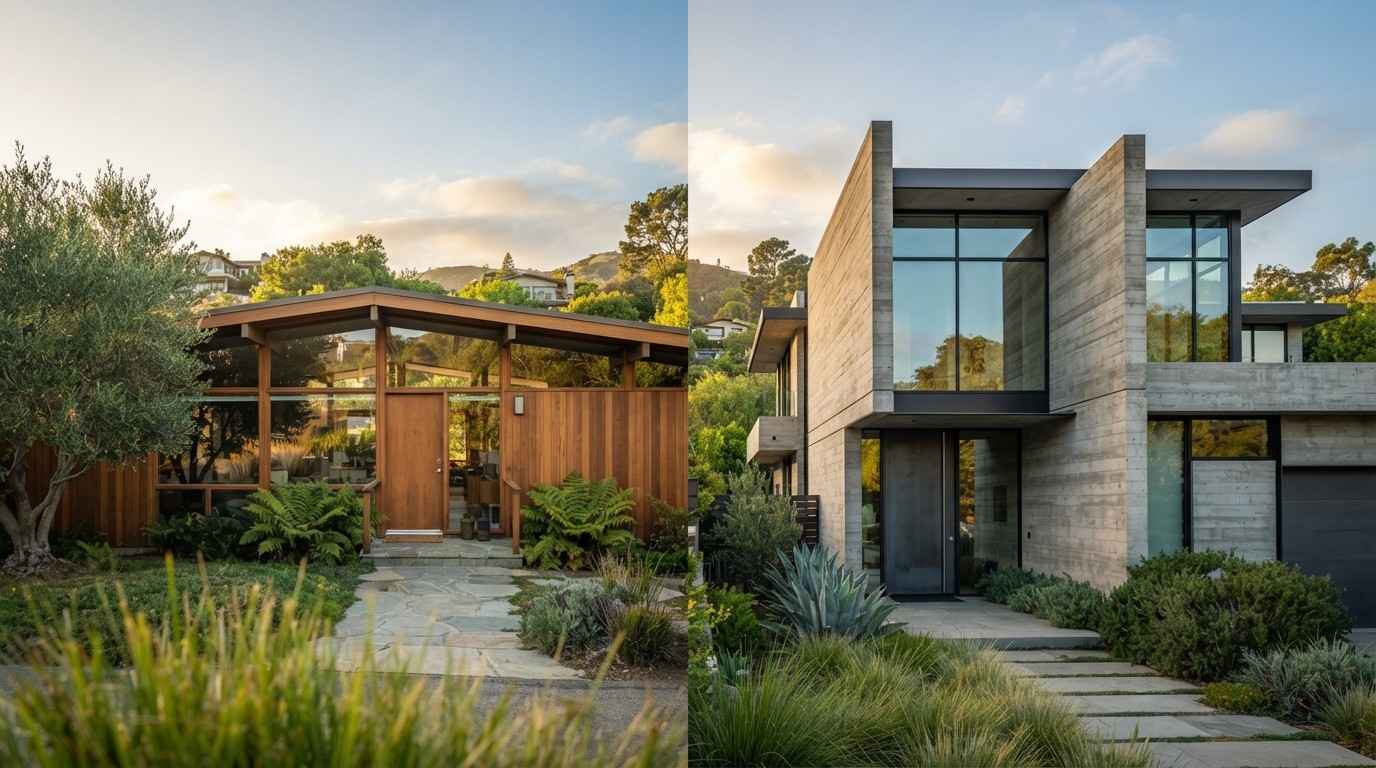 Side-by-side comparison of a warm timber contemporary home and a minimalist concrete modern home, highlighting contrasting architectural styles and exterior design.