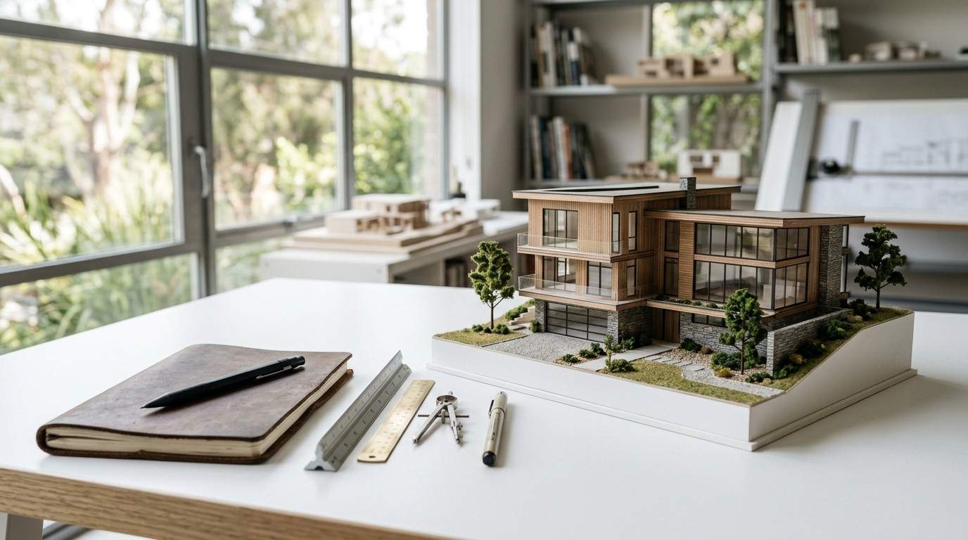 Modern house model on an architect's desk.