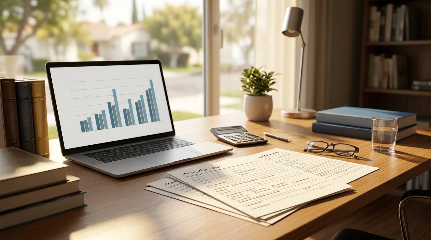 Laptop displaying financial charts beside mortgage documents, calculator, and paperwork on a home office desk, representing home financing, budgeting, and investment planning.