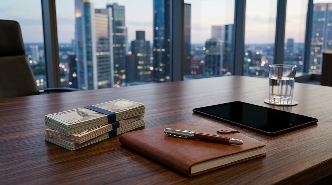 Stacks of cash, a leather notebook, tablet, and pen on an executive office desk overlooking a modern city skyline.