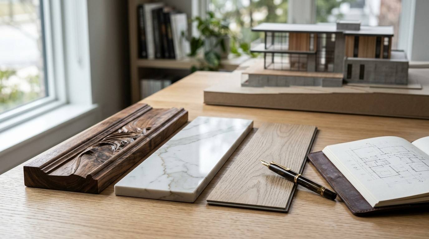 Home building material samples and plans.