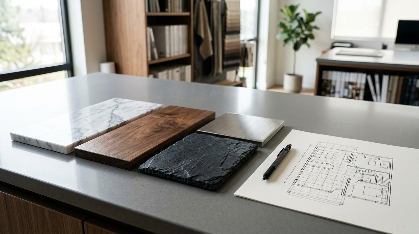 Interior design material samples with a floor plan sketch.