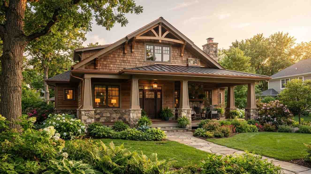 Beautiful Craftsman-style home with natural wood siding, stone columns, a covered front porch, landscaped garden, and lush green lawn at sunset.
