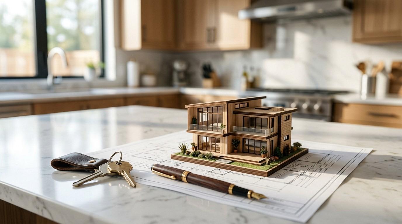 Modern house model, keys, fountain pen, and architectural blueprint arranged on a marble kitchen countertop.