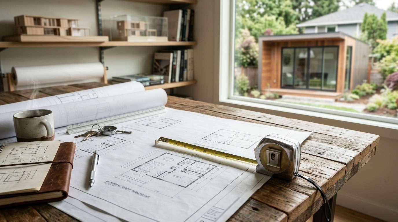Architectural blueprints, measuring tape, notebook, and drafting tools on a rustic desk with a modern backyard ADU visible through the window, illustrating the ADU planning and design process.