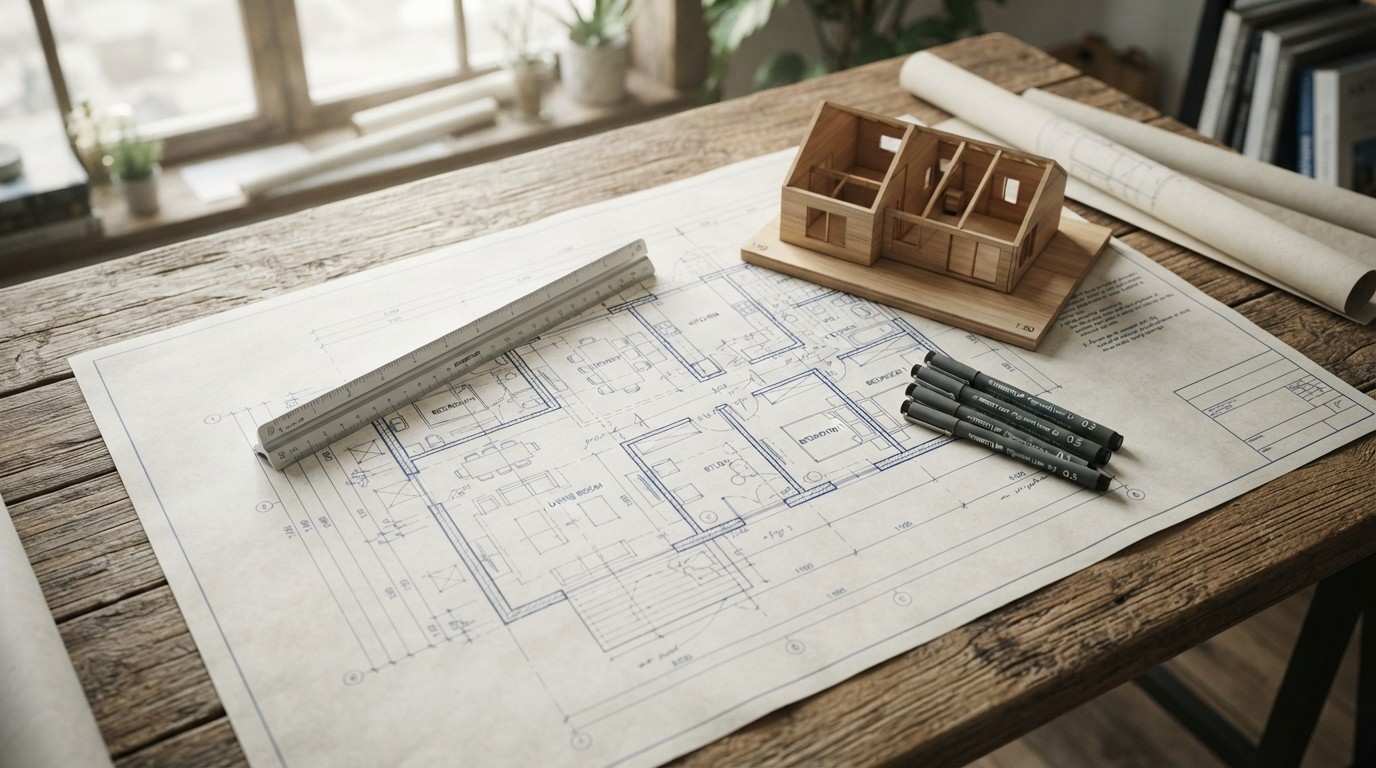 Architectural house blueprint on a wooden table with drafting ruler, technical pens, rolled plans, and a wooden scale model of a home.