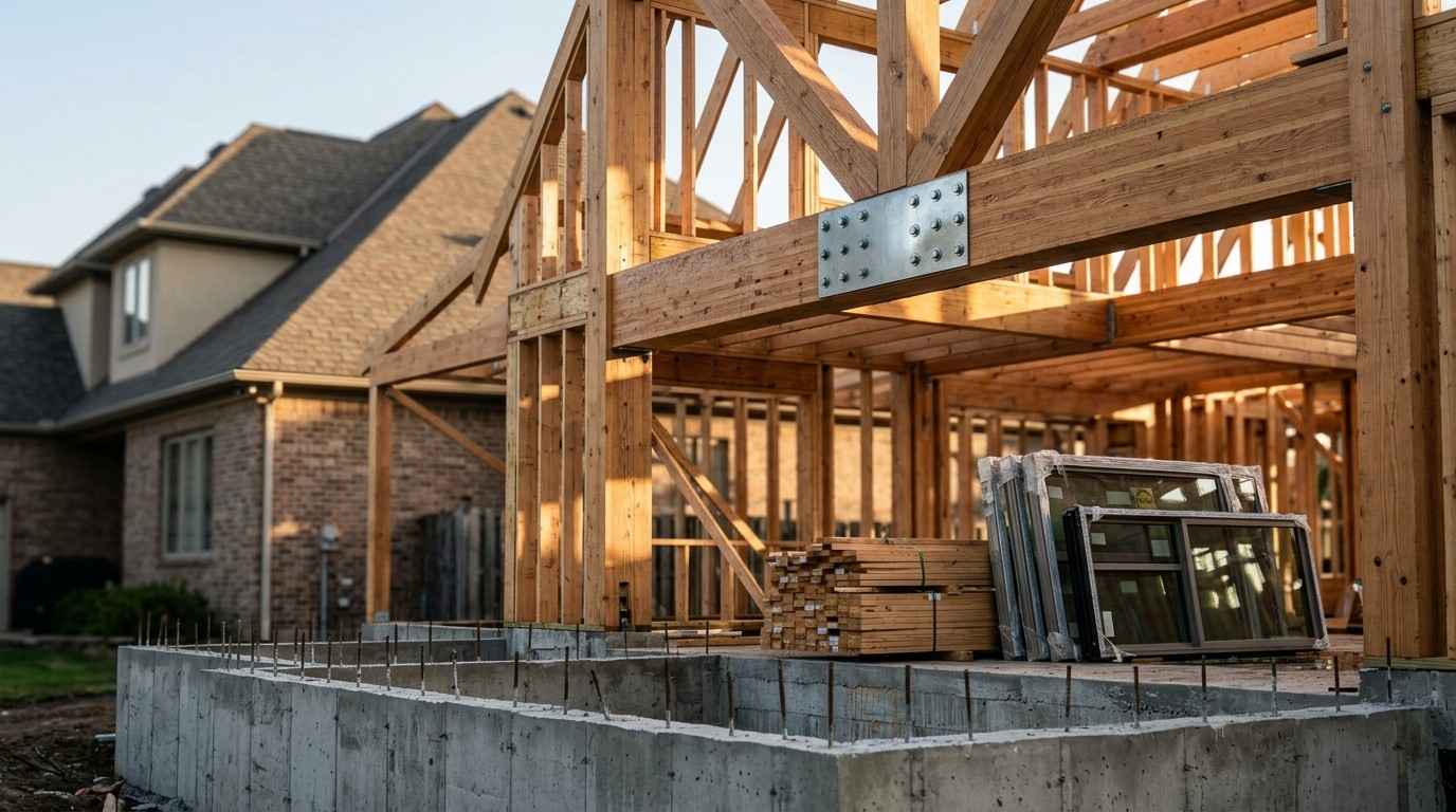 Wood-framed home addition under construction with a concrete foundation, structural framing, stacked lumber, and new windows awaiting installation beside an existing house.