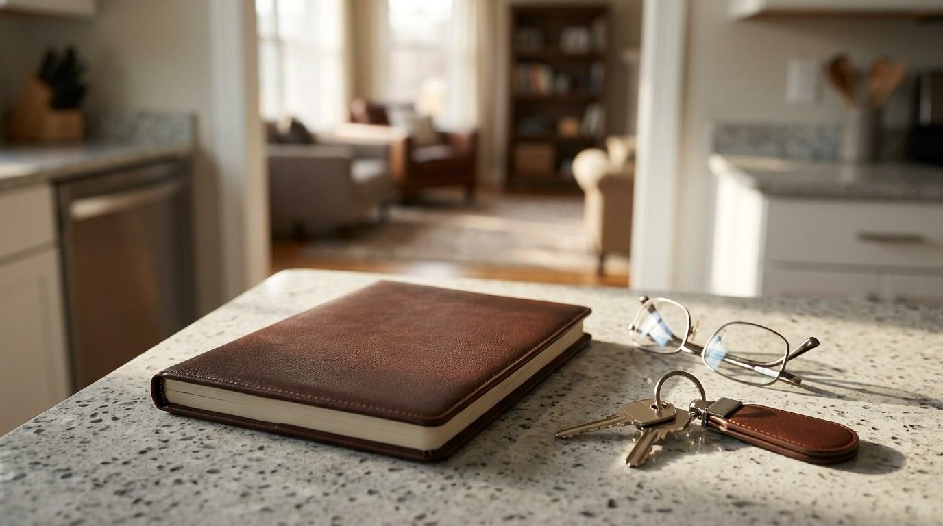 Leather journal, house keys with a keychain, and eyeglasses resting on a granite kitchen countertop in a bright home.