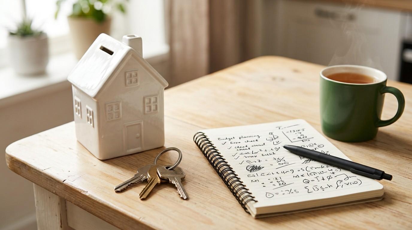 House-shaped savings bank, keys, budget notebook, pen, and a steaming mug on a wooden table in a bright kitchen.