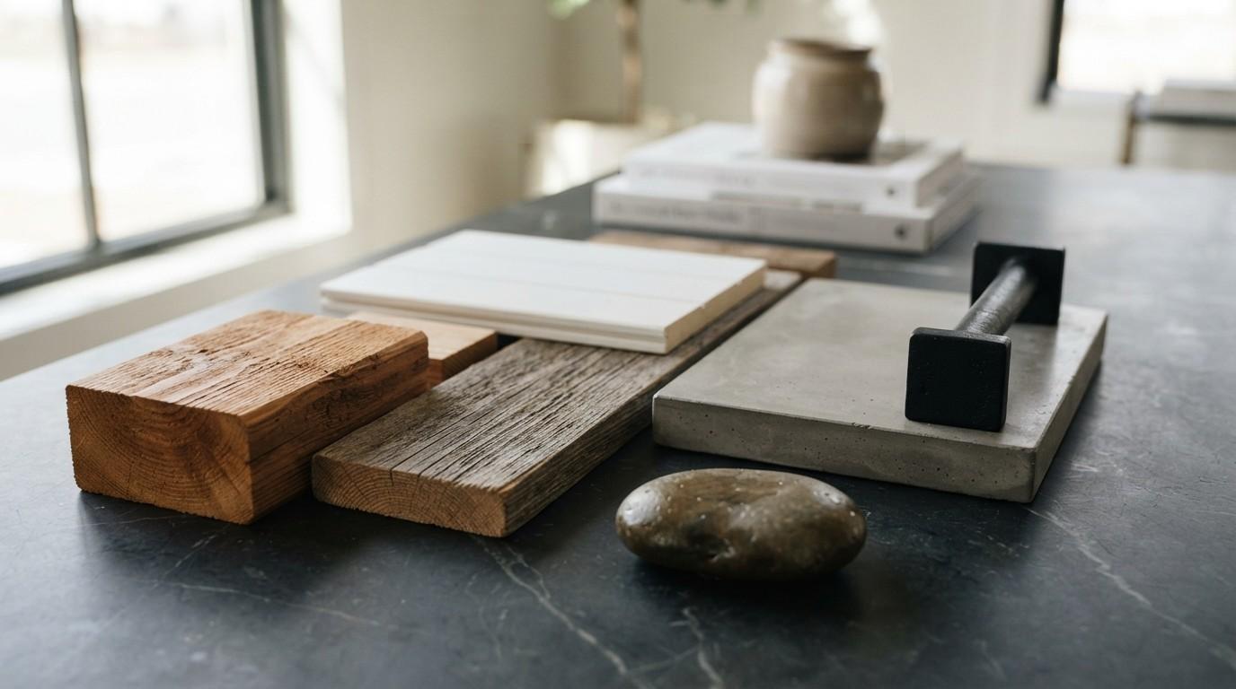 Collection of wood, tile, concrete, and metal finish samples displayed on a countertop for home renovation and interior design planning.