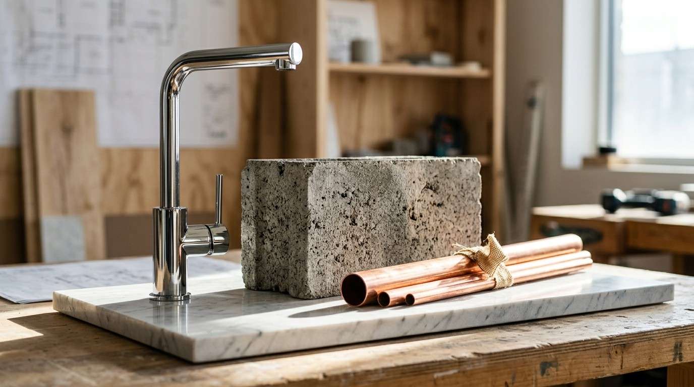 Kitchen faucet with plumbing materials on a workbench.
