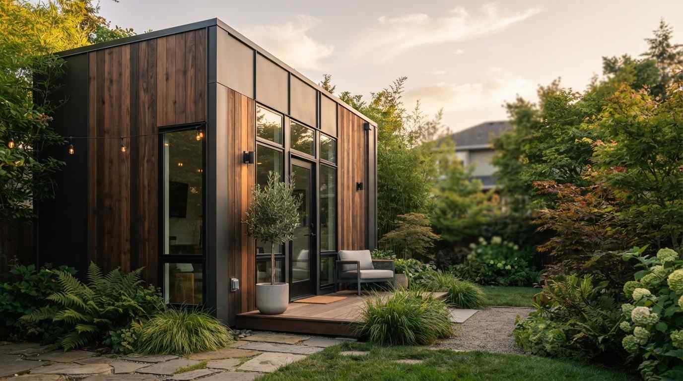 Modern prefab accessory dwelling unit (ADU) with wood siding, black trim, large windows, and landscaped backyard garden at sunset.