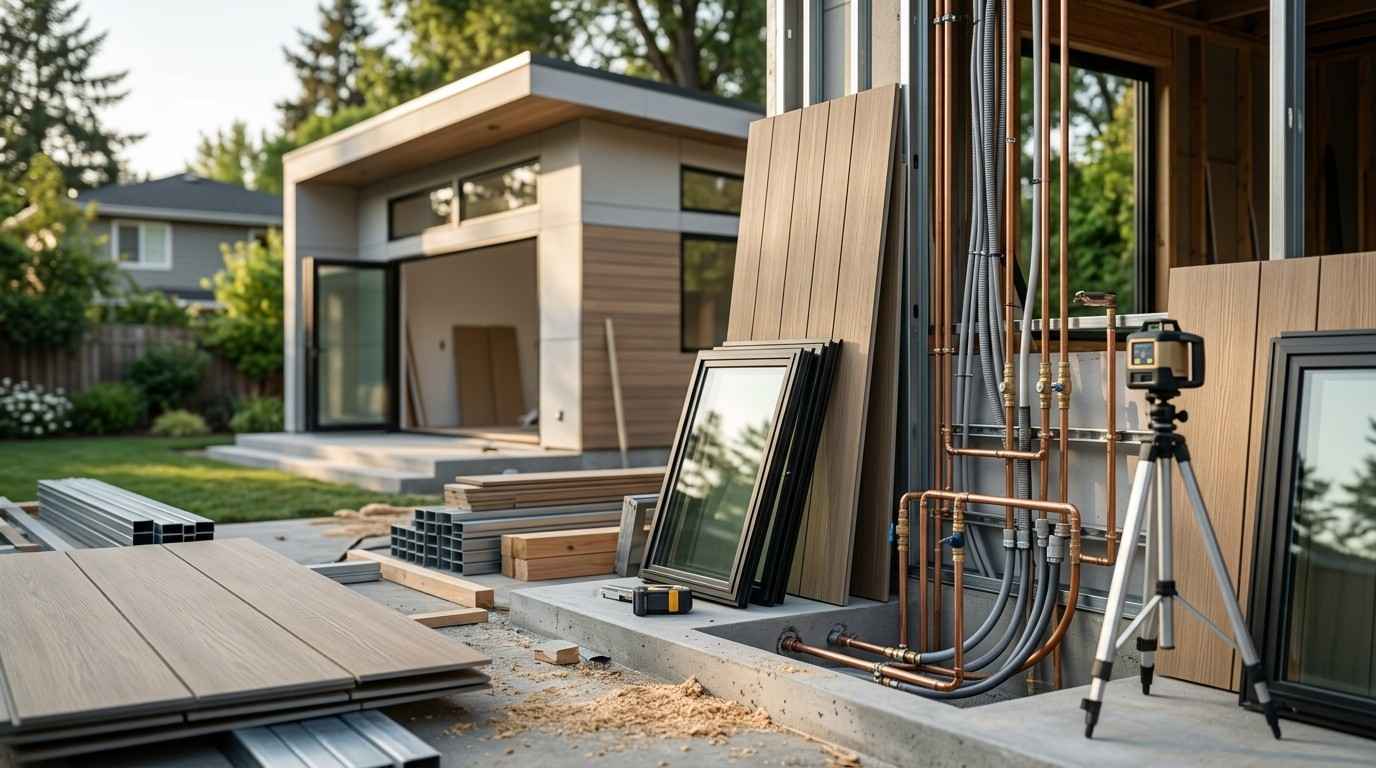 Building materials, windows, plumbing, and framing prepared for an ADU construction project, with a modern accessory dwelling unit being built in the background.