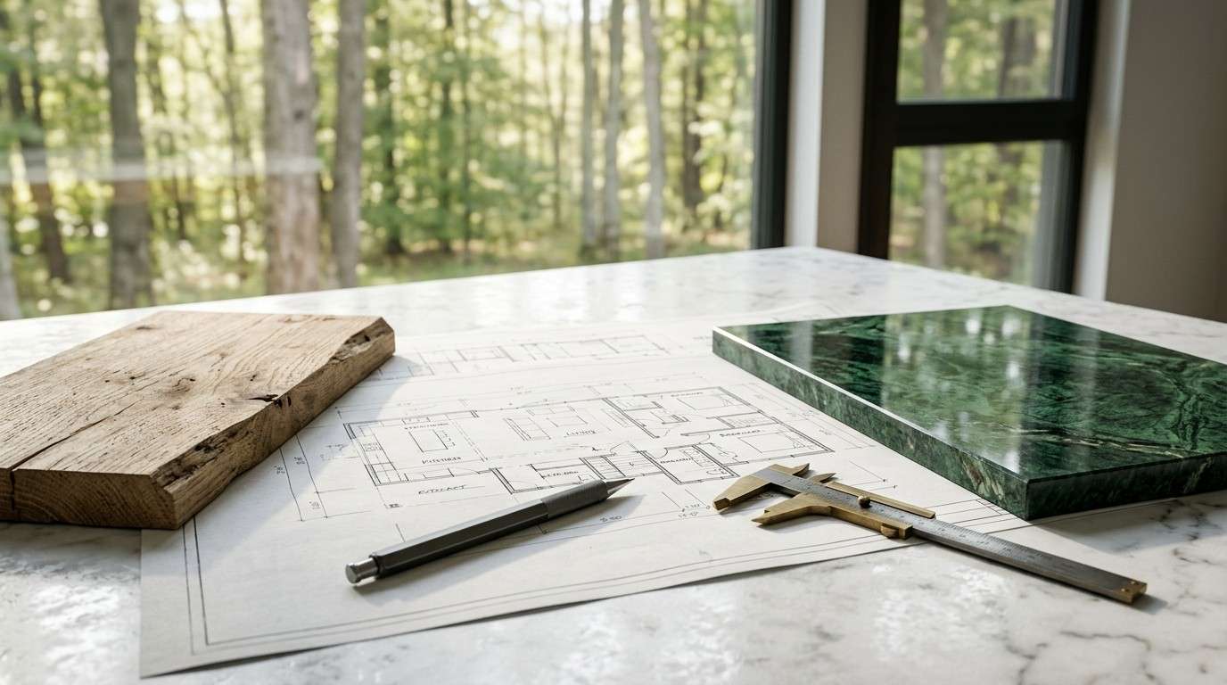 Custom home design plans and material samples.