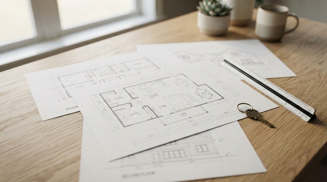 Residential floor plans on a wooden table with a ruler, pencil, and house key, representing home design, planning, and construction.