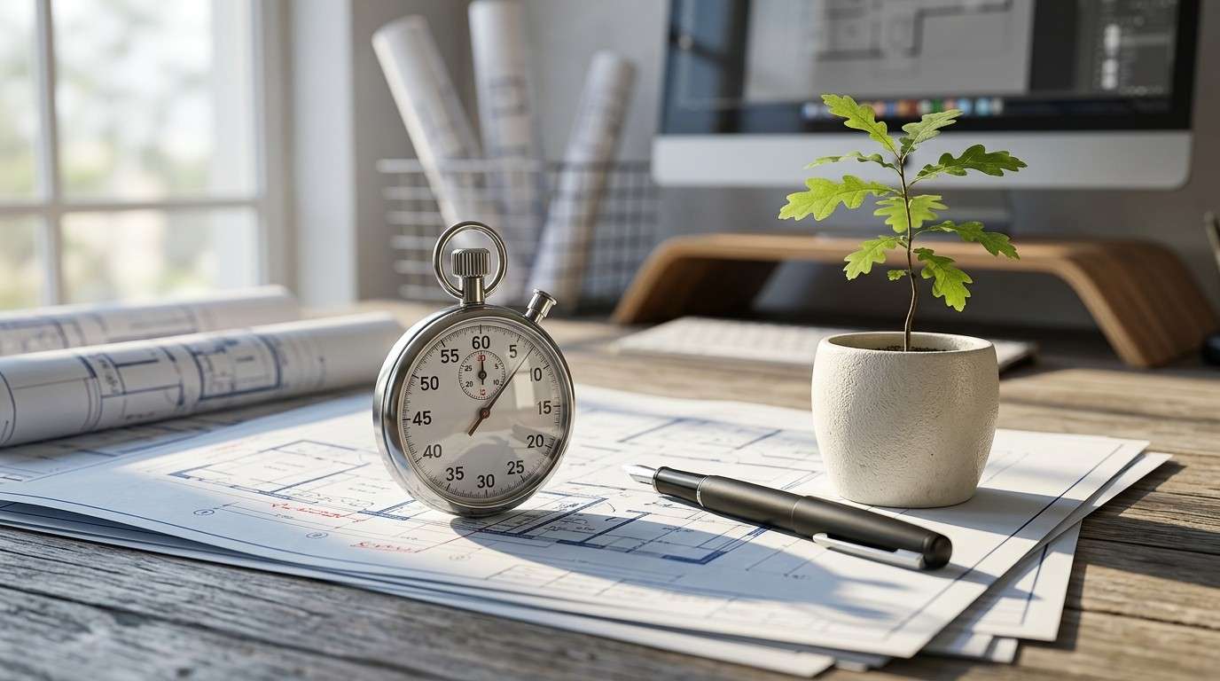 Stopwatch and blueprints on an architect's desk.