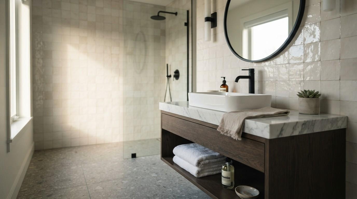 Modern bathroom remodel featuring a floating wood vanity, marble countertop, vessel sink, round mirror, frameless glass shower, and black fixtures.