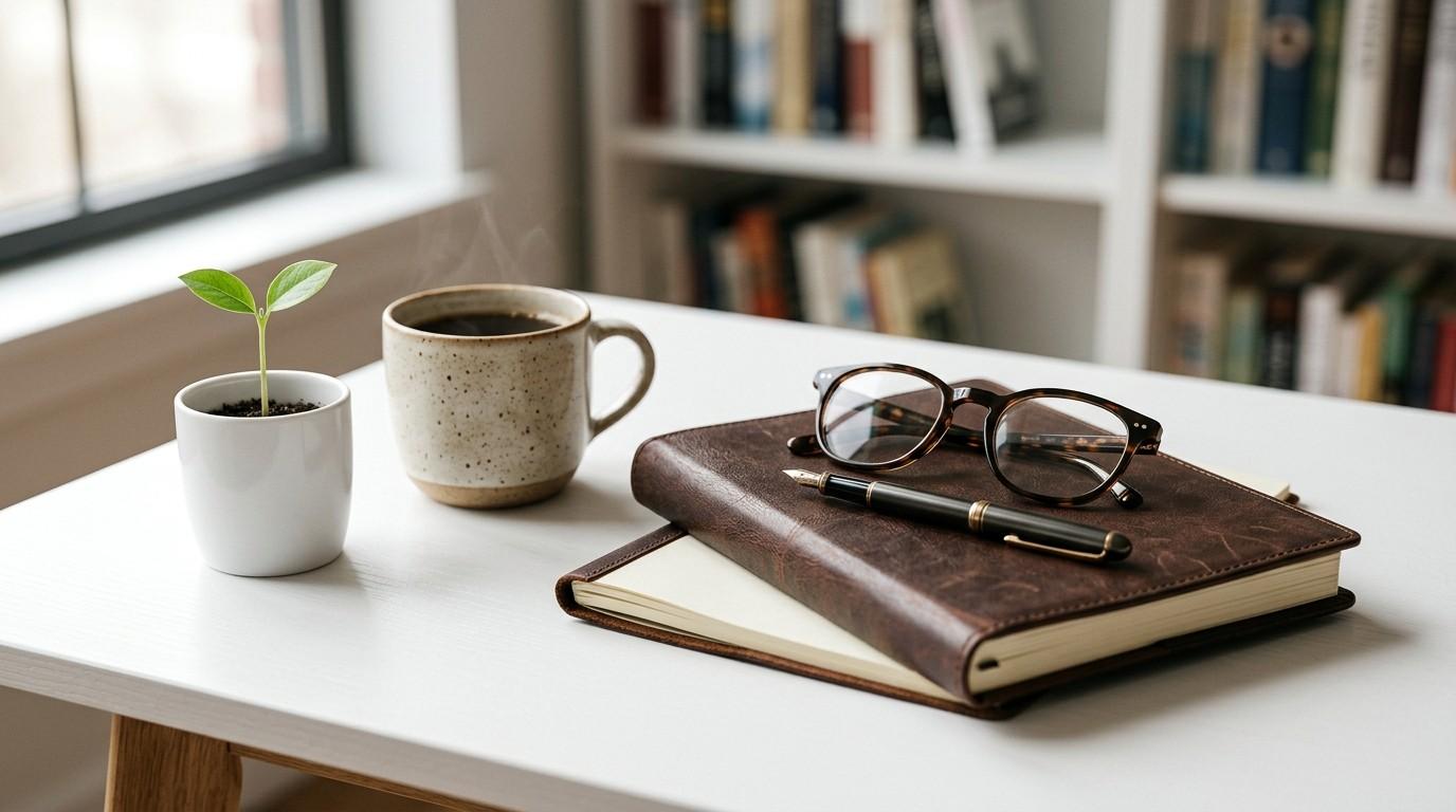 Leather planner, fountain pen, eyeglasses, coffee mug, and a small potted plant on a clean study desk with bookshelves in the background.