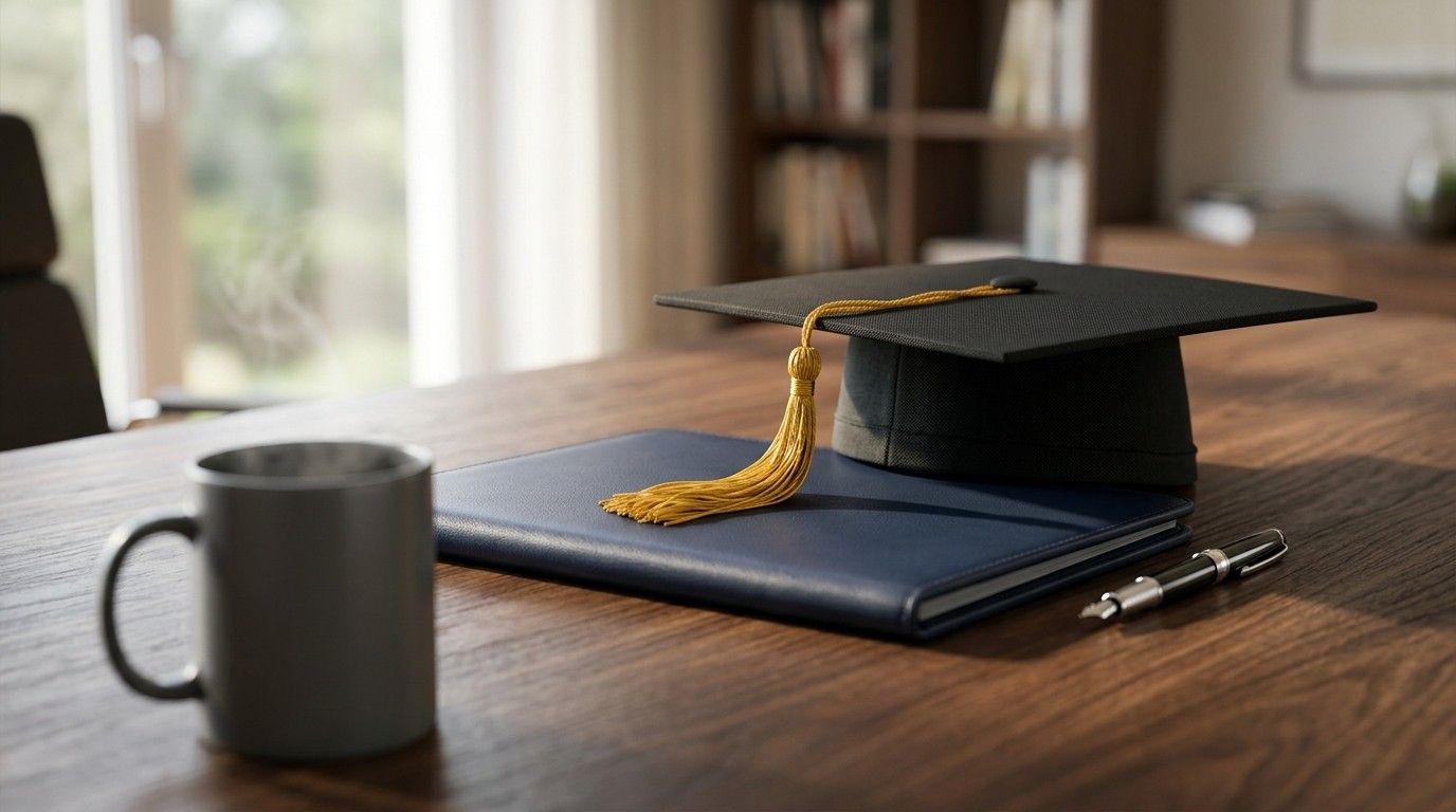 Graduation cap resting on a diploma folder beside a fountain pen and coffee mug on a wooden desk in a home office.