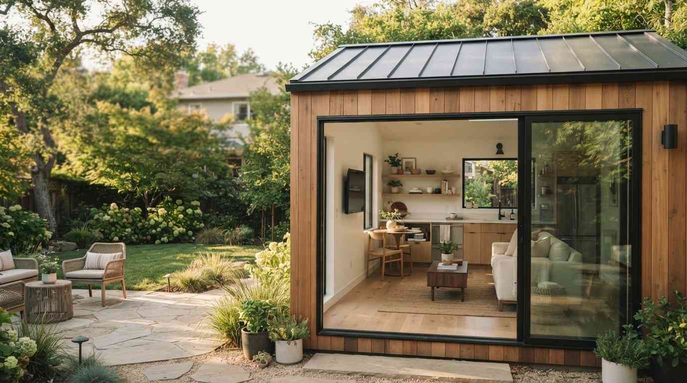 Modern backyard ADU with wood siding, black metal roof, large sliding glass doors, and a bright open-concept interior overlooking a landscaped patio and garden.