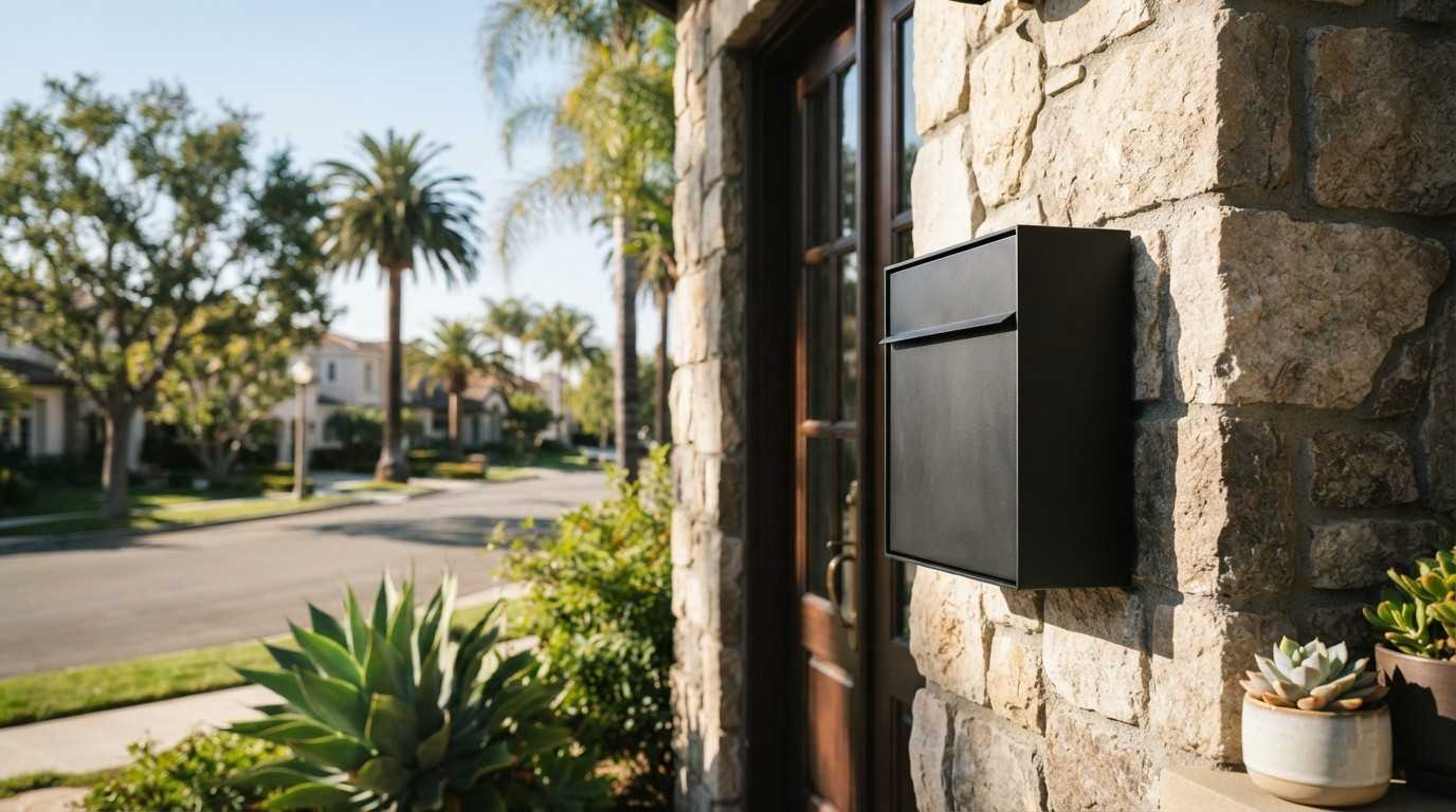 Black wall-mounted mailbox beside a stone entryway, overlooking a quiet residential street with palm trees and landscaped front gardens.