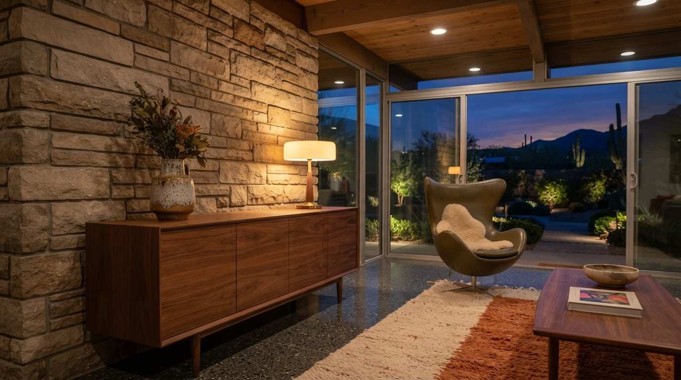 Mid-century modern living room with a stone accent wall, walnut furniture, floor-to-ceiling glass doors, and warm ambient lighting overlooking a landscaped desert garden at dusk.