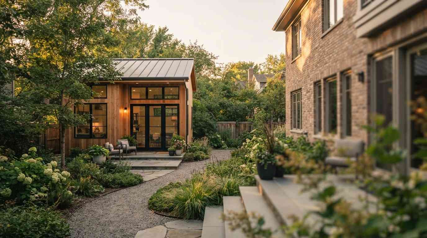 Modern backyard ADU with wood siding and black-framed windows behind the main home, connected by a landscaped garden path with lush greenery and outdoor seating.