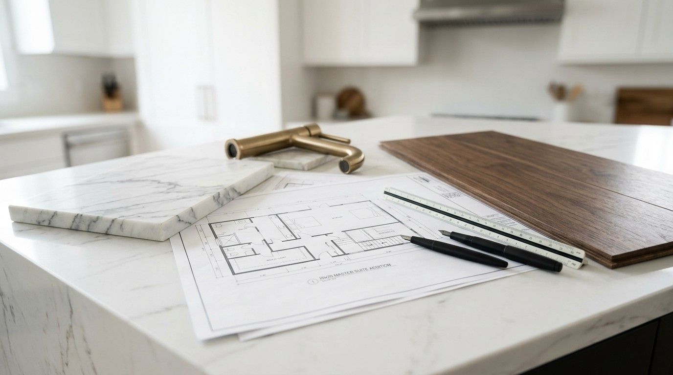 Architectural floor plans, marble and wood samples, faucet fixtures, and design tools arranged on a modern kitchen island for renovation planning.