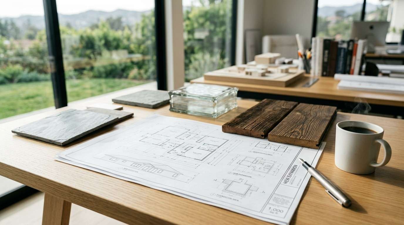 Home addition blueprints with wood, stone, and glass material samples, a coffee mug, and a pen on a designer's workspace for expansion planning.