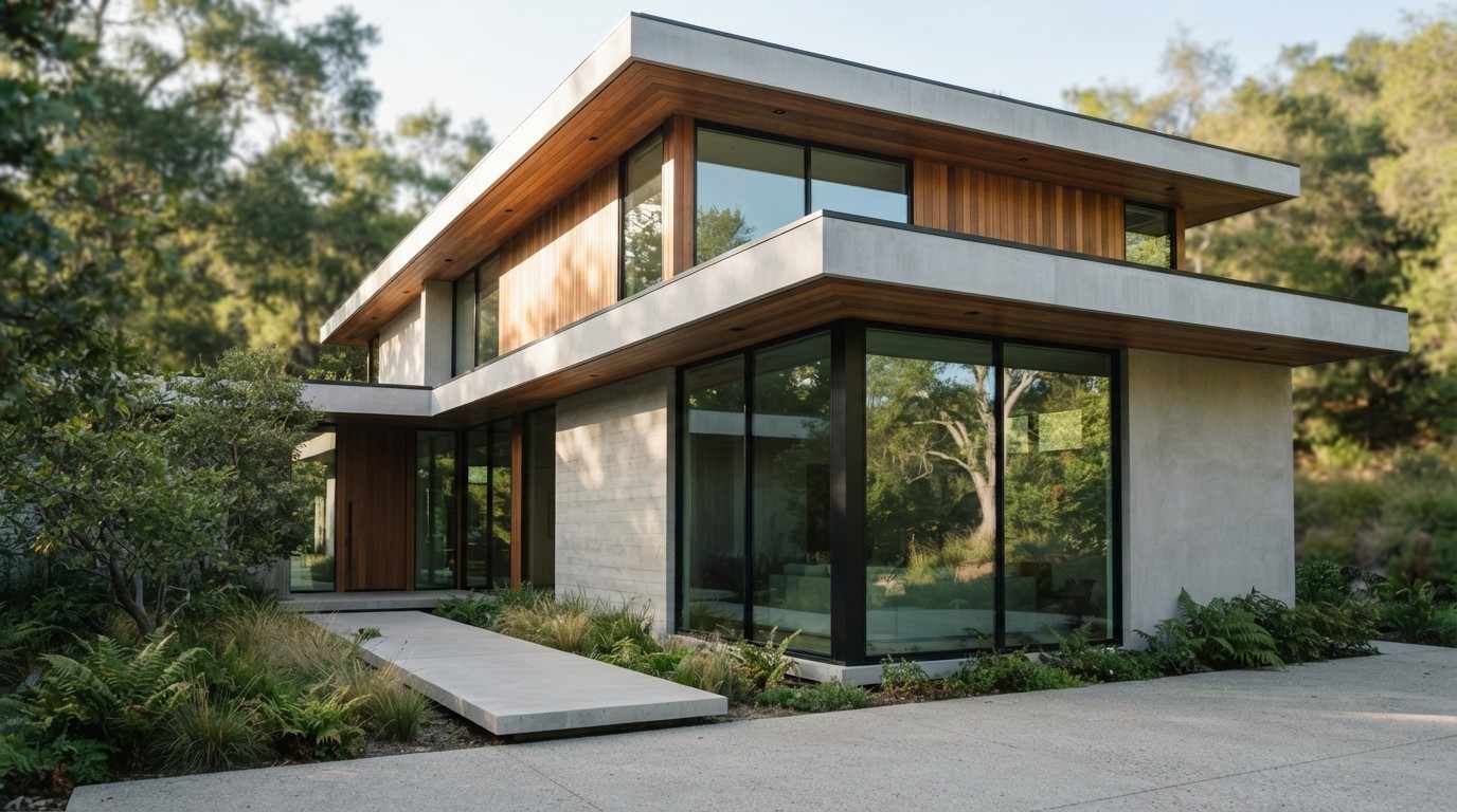 Modern two-story home with concrete walls, warm wood cladding, expansive floor-to-ceiling windows, flat rooflines, and minimalist landscaping.