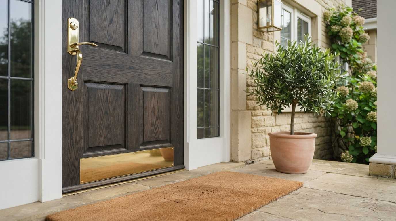 Dark wood front door with polished brass hardware, a welcome mat, potted olive tree, stone exterior, and landscaped entryway creating a warm, inviting entrance.