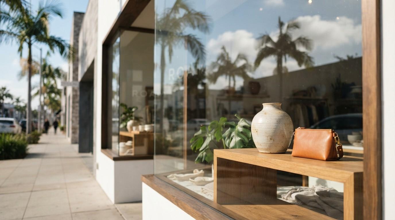 Modern boutique storefront with large display windows showcasing minimalist décor, ceramic vase, leather handbag, and a palm-lined shopping street in the background.