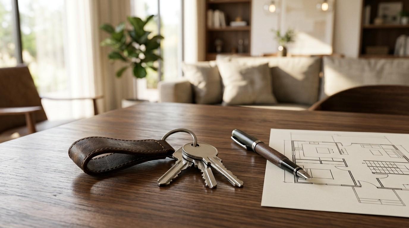 House keys, a pen, and a floor plan on a wooden table in a modern living room, symbolizing home ownership, planning, and renovation decisions.