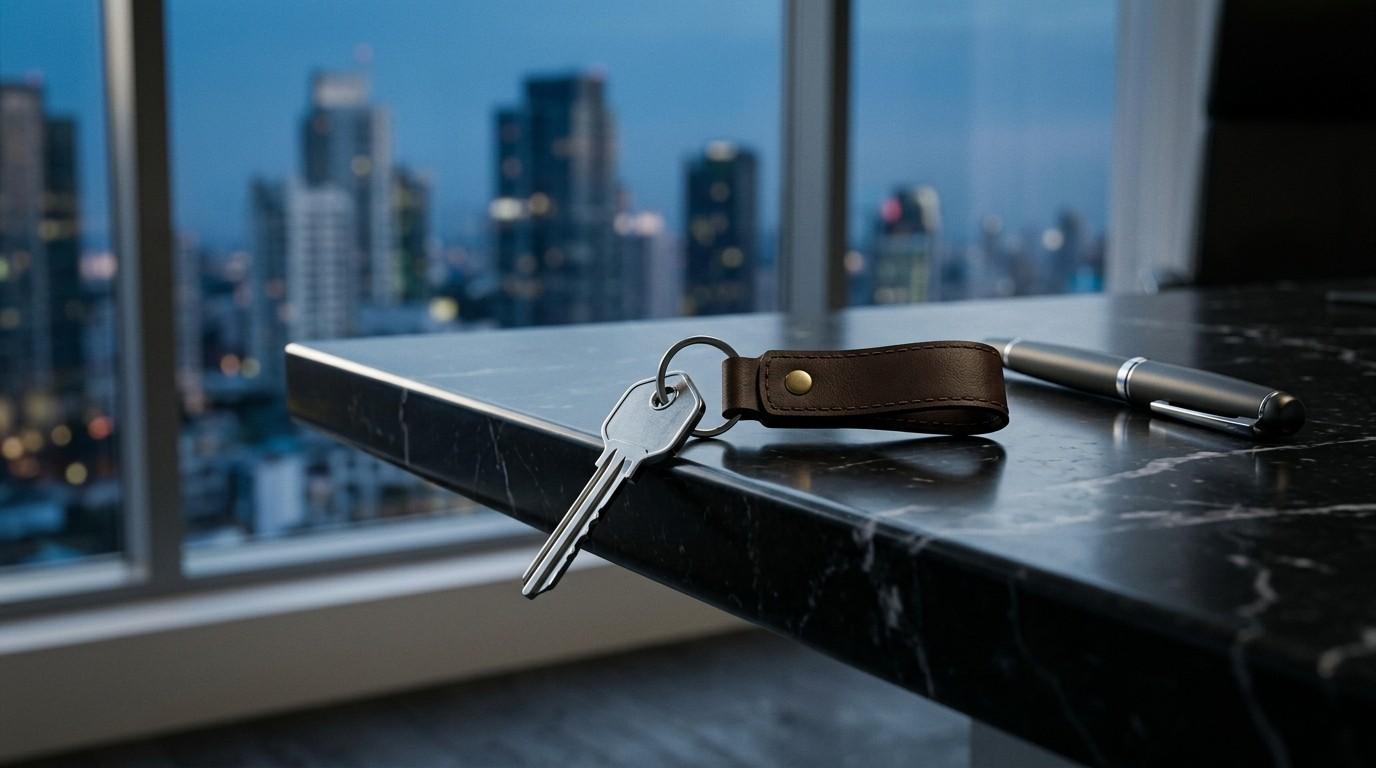 House keys with a leather keychain and a pen resting on a dark countertop in front of a city skyline, symbolizing homeownership, property purchase, or real estate closing.