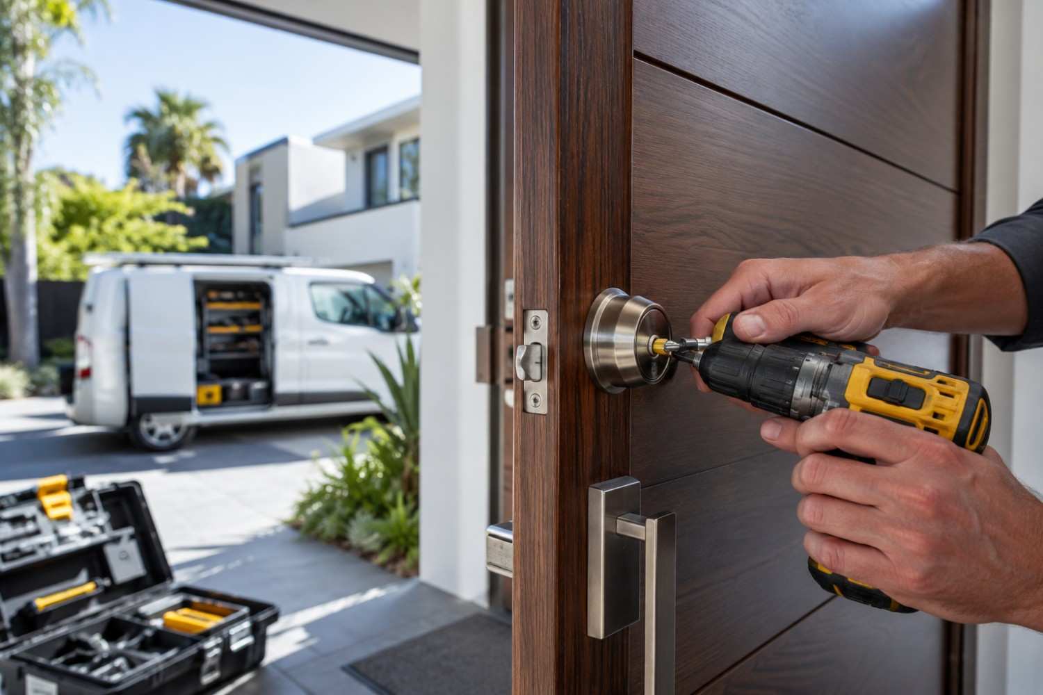 Professional locksmith installing a residential deadbolt lock on a modern front door using professional tools. Expert lock installation, door lock replacement, and home security services provide secure entry, enhanced protection, and reliable residential locksmith solutions for homeowners.