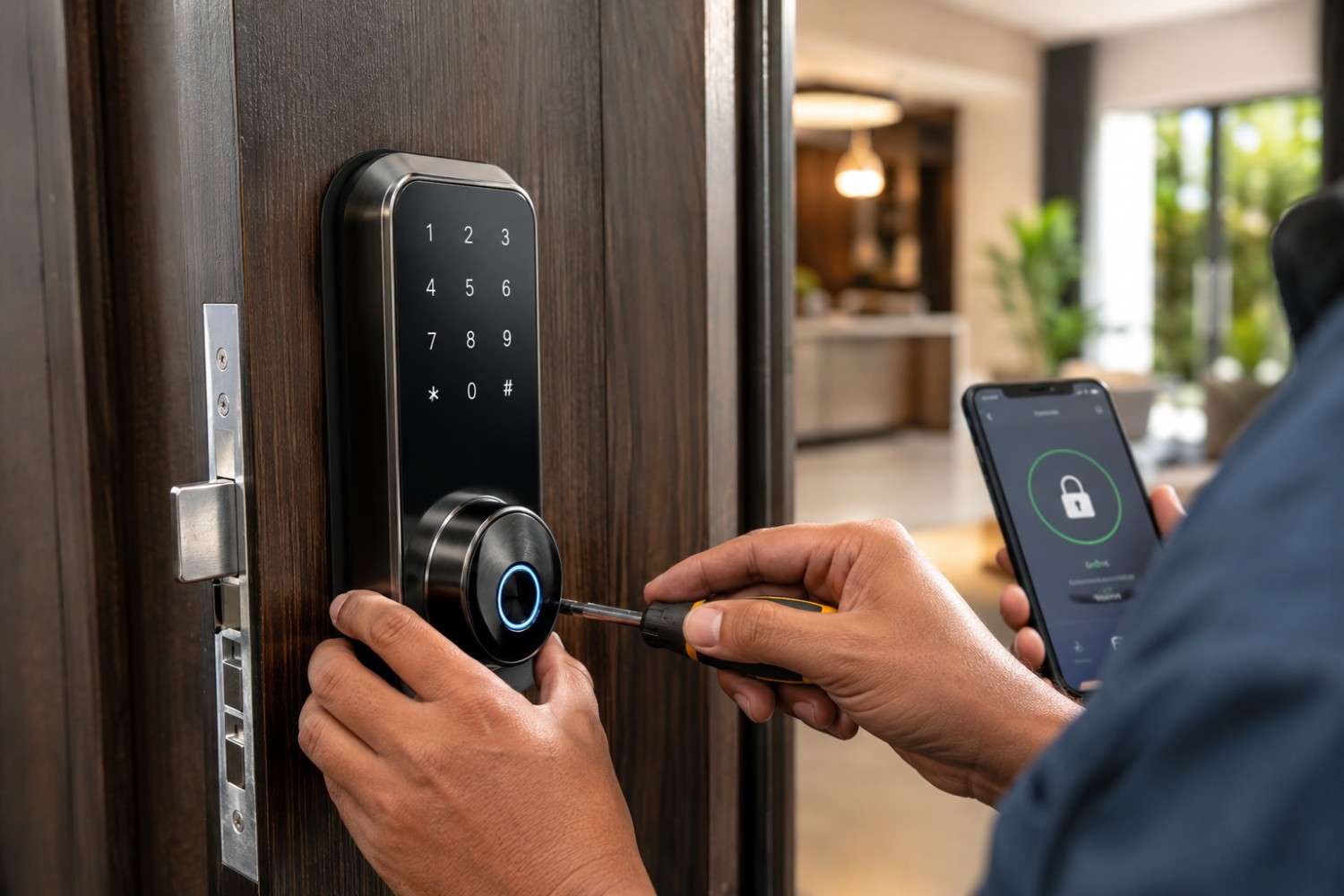 Professional locksmith installing a smart lock with keypad and mobile app integration on a residential front door. Expert smart lock installation, keyless entry setup, electronic door lock replacement, and home security services provide secure access control and enhanced residential protection.