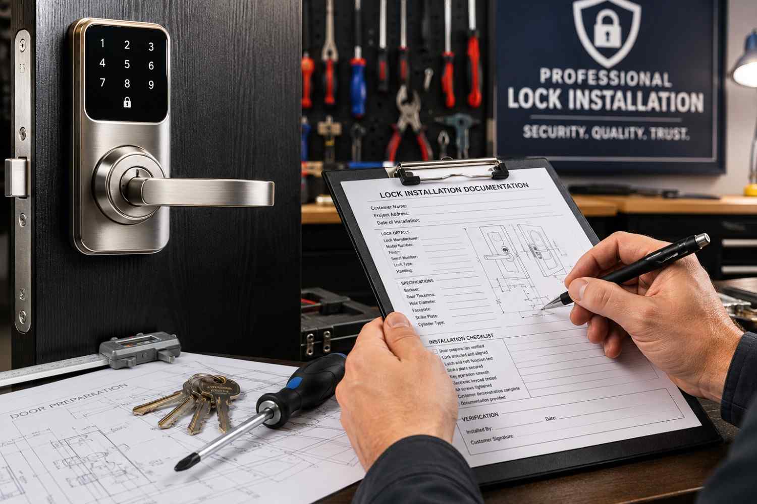 Professional smart lock installation completed by a certified locksmith with installation documentation and quality inspection. Expert lock installation, keyless entry systems, electronic door locks, and residential security upgrades provide reliable access control and enhanced home security.