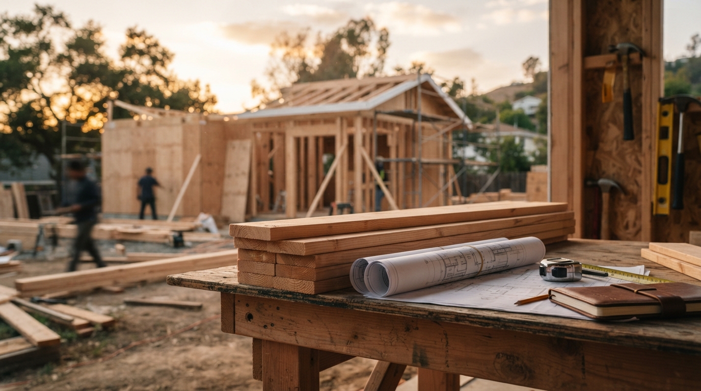 Residential construction site with lumber, rolled blueprints, measuring tools, and a partially framed house, highlighting the home building process.