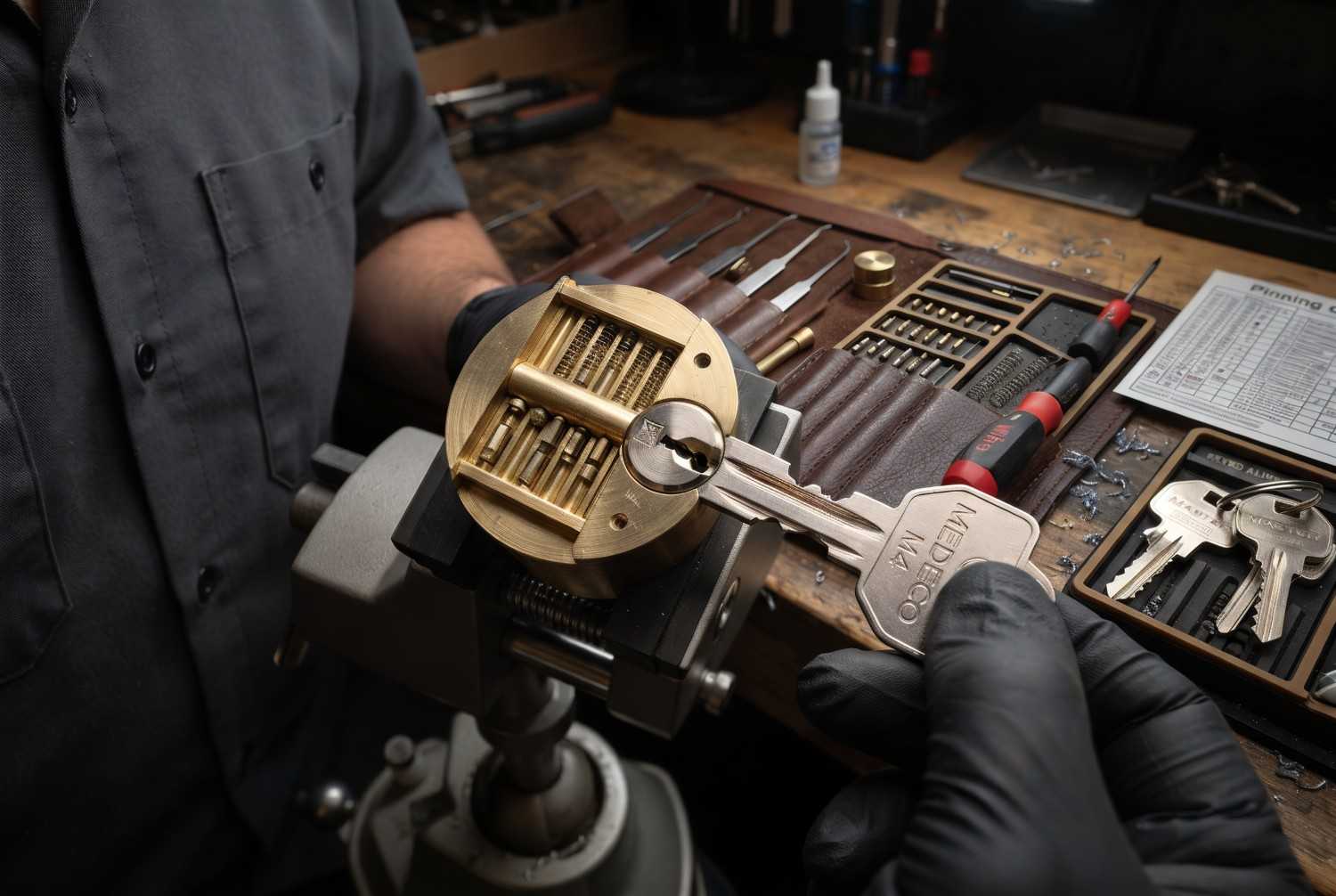 Professional locksmith rekeying a door lock cylinder using precision lock pins and keying tools. Expert lock rekeying, key duplication, and residential locksmith services improve home security, restore secure access, and provide cost-effective lock solutions without replacing the entire lock.