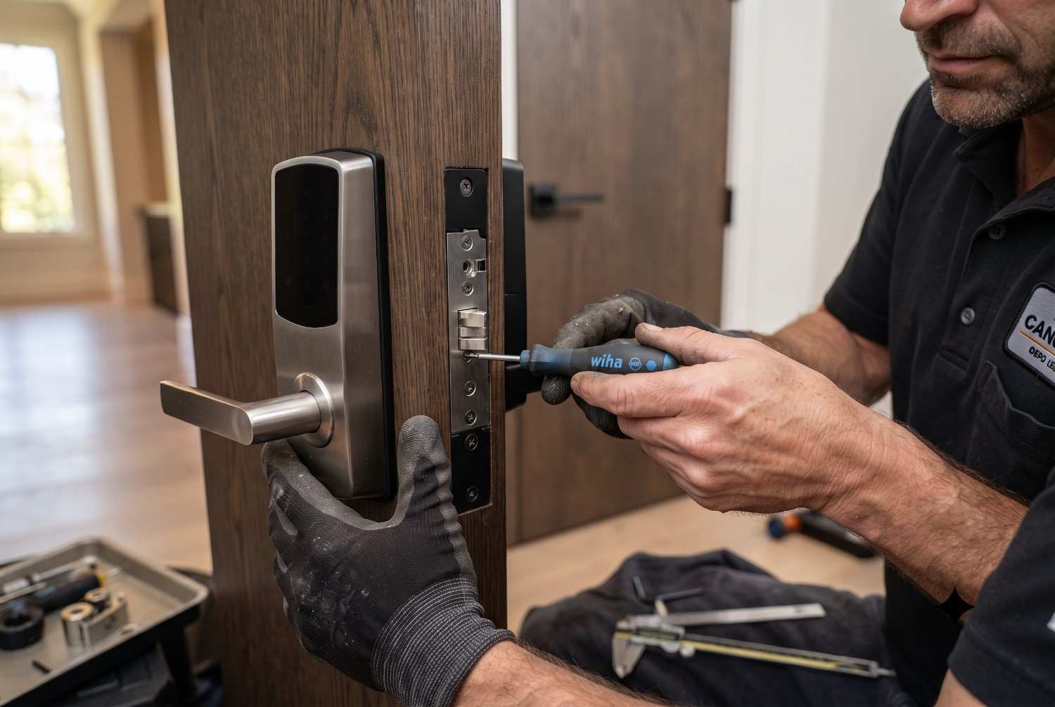 Professional locksmith installing a smart door lock on a residential interior entry door. Expert smart lock installation, electronic lock replacement, and residential locksmith services provide secure keyless entry, enhanced home security, and reliable access control for modern homes.